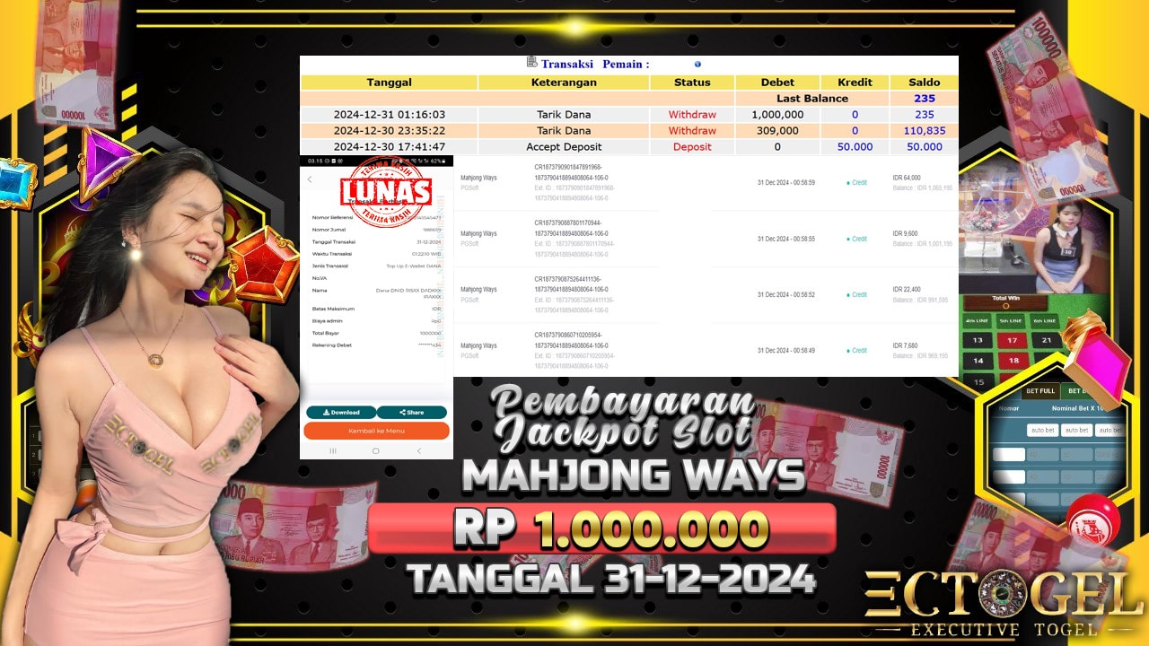 BUKTI JACKPOT SLOT MAHJONG WAYS TERPERCAYA DI INDONESIA TGL 31-12-2024