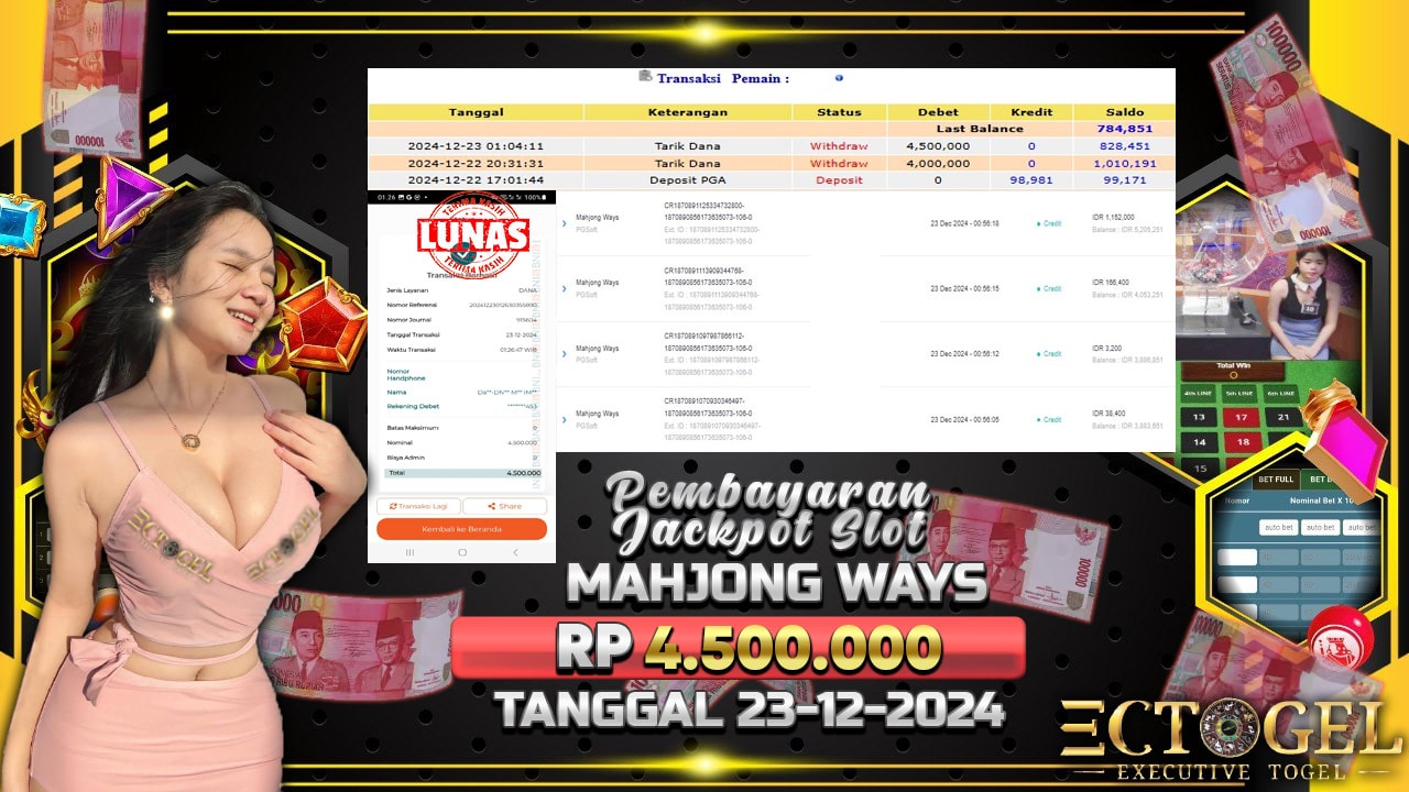 BUKTI JACKPOT SLOT MAHJONG WAYS TERPERCAYA DI INDONESIA TGL 23-12-2024