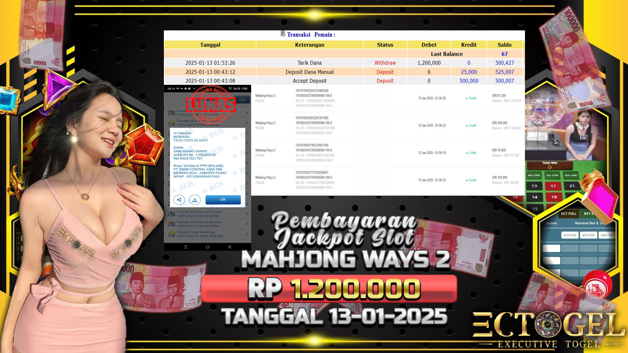 BUKTI JACKPOT SLOT MAHJONG WAYS 2 TERPERCAYA DI INDONESIA TGL 13-01-2025